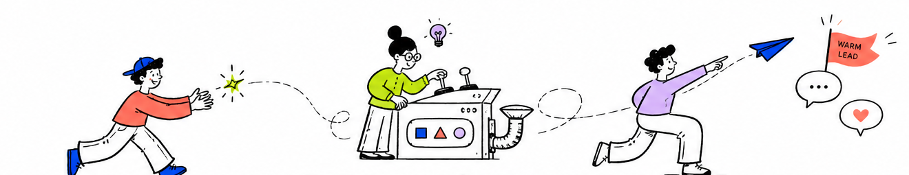 A colorful illustrated relay carries an idea through creation and toward a warm lead.