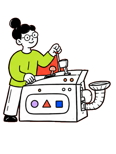 An illustrated creator tuning the Content OS voice machine.